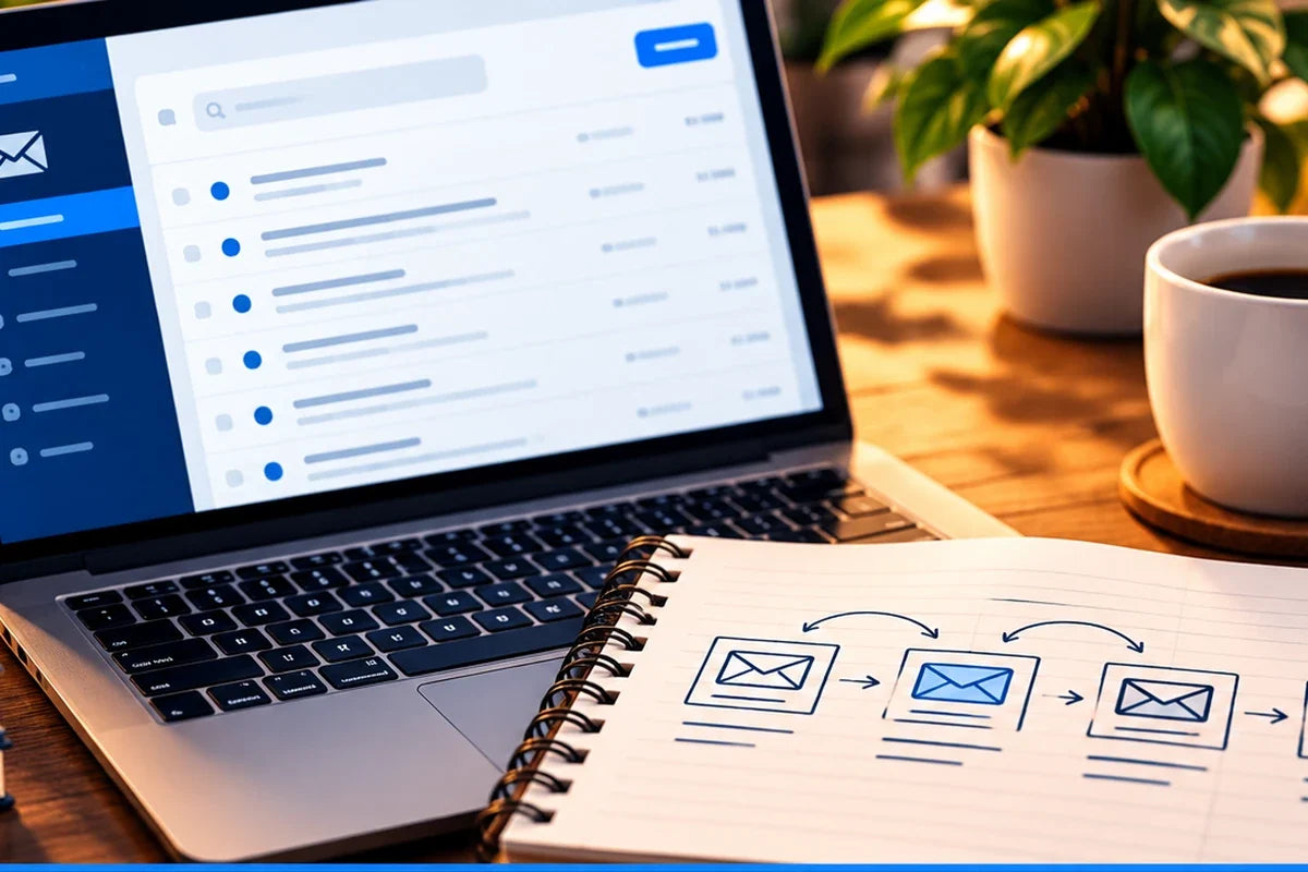 Email workflow workspace representing a simple small-business email marketing system
