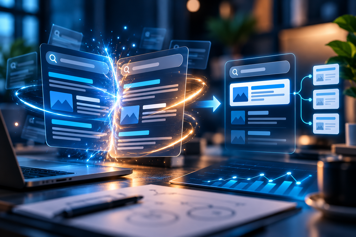 Search results moving from competition to clarity representing keyword cannibalization in SEO