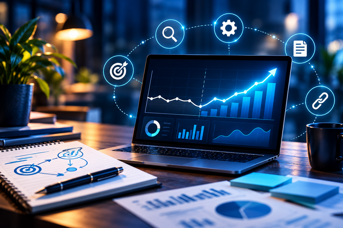 SEO analytics workspace showing a traffic recovery trend and strategy refresh