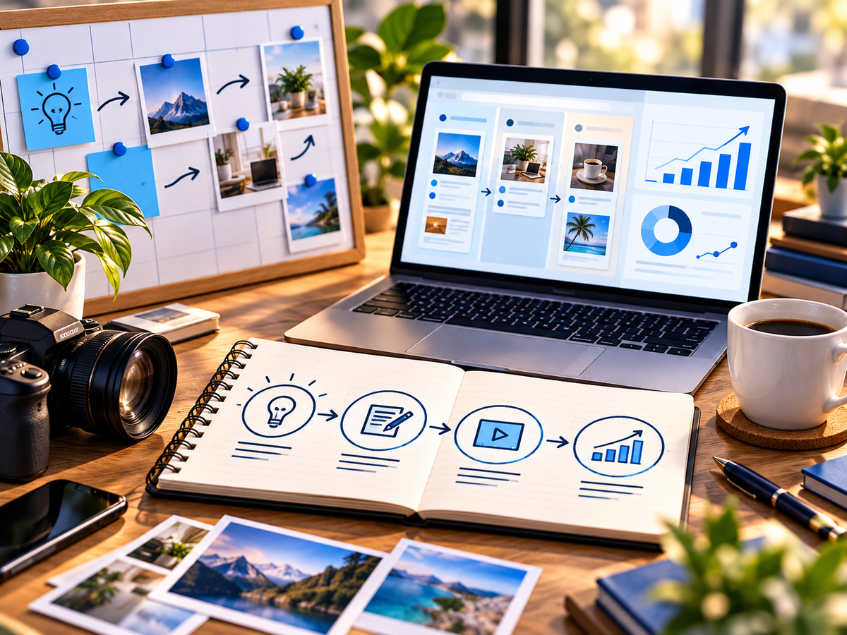 Connected content and analytics workspace representing an AI-assisted small-business marketing workflow