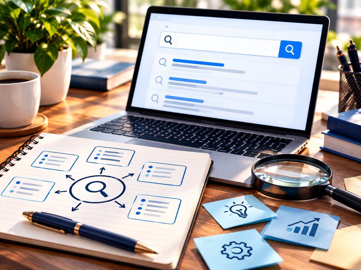 Keyword research workspace with search interface and planning notes