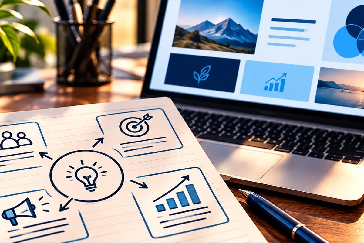 Connected strategy workspace representing a repeatable small-business marketing system