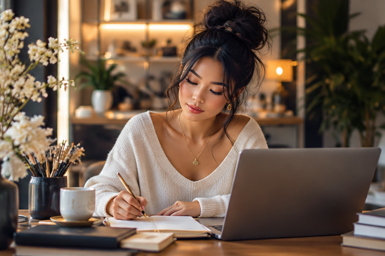 Polished Chinese woman entrepreneur reviewing a marketing strategy in a modern office
