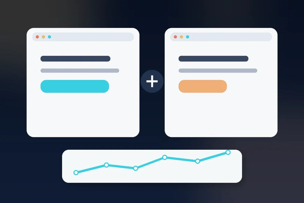 Two page variants and analytics trend representing conversion rate optimization testing