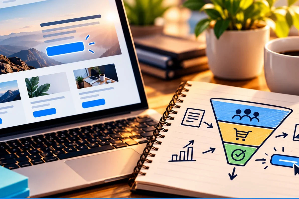 Digital product launch planning workspace with a customer funnel and website mockup