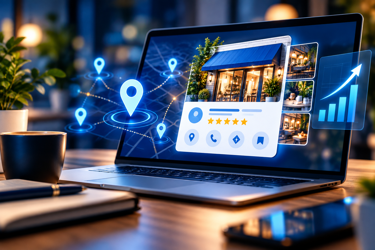 Local business profile and growth dashboard representing Google Business Profile optimization