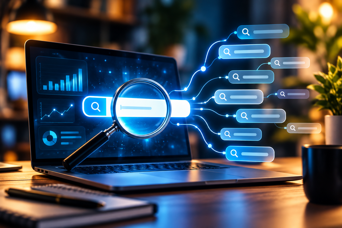 Search keyword network representing long-tail keyword research for small-business SEO