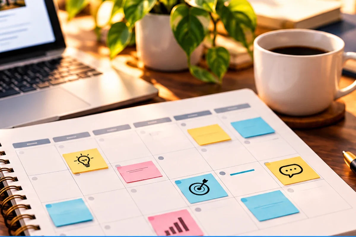 Content planning calendar and workspace representing a connected small-business marketing campaign