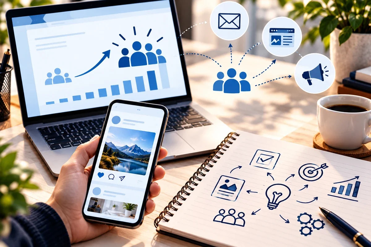 Connected digital growth workspace representing marketing as the engine that drives discovery and demand