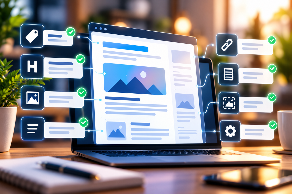On-page SEO workspace showing page optimization elements and checklist signals