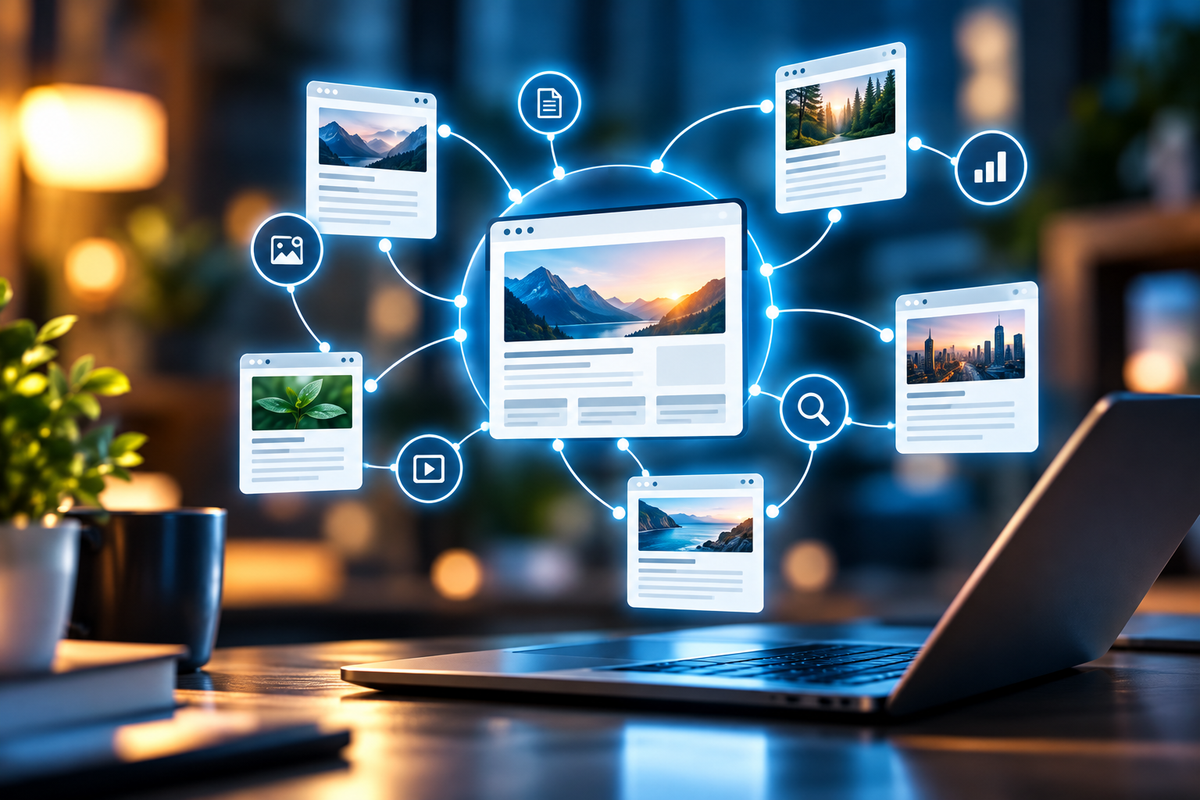 Connected content pages representing an SEO content hub and website topic structure