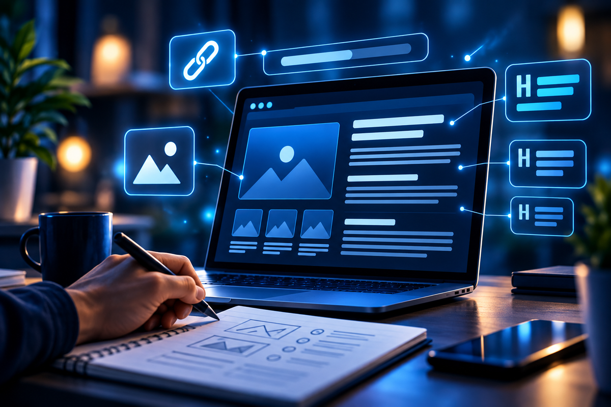 SEO workspace representing optimized URLs, headings, links, and image alt text