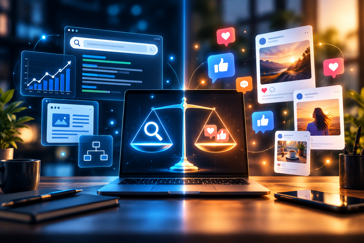 Balanced search and social media channels representing SEO versus social media for small business