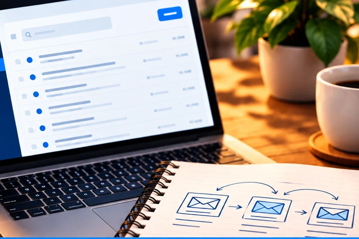 Email workflow workspace representing a helpful small-business welcome email sequence
