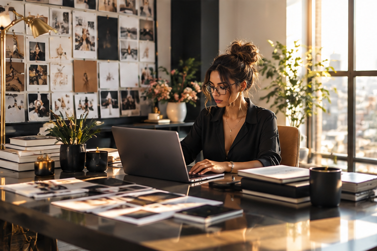 Polished Black woman entrepreneur working in a modern creative office