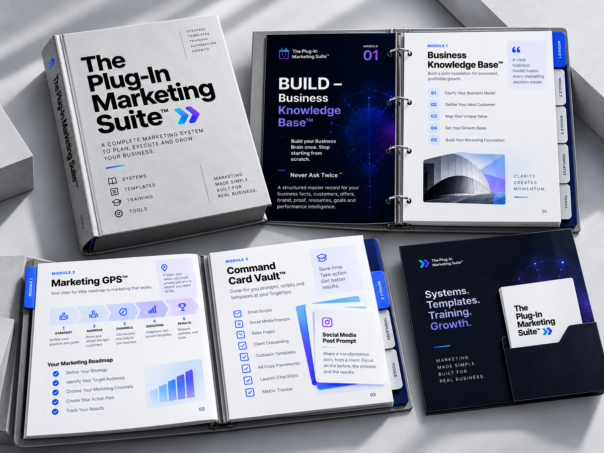 Inside preview of The Plug-In Marketing Suite showing Business Knowledge Base, Marketing GPS, and Command Card Vault