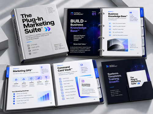 Inside preview of The Plug-In Marketing Suite showing Business Knowledge Base, Marketing GPS, and Command Card Vault