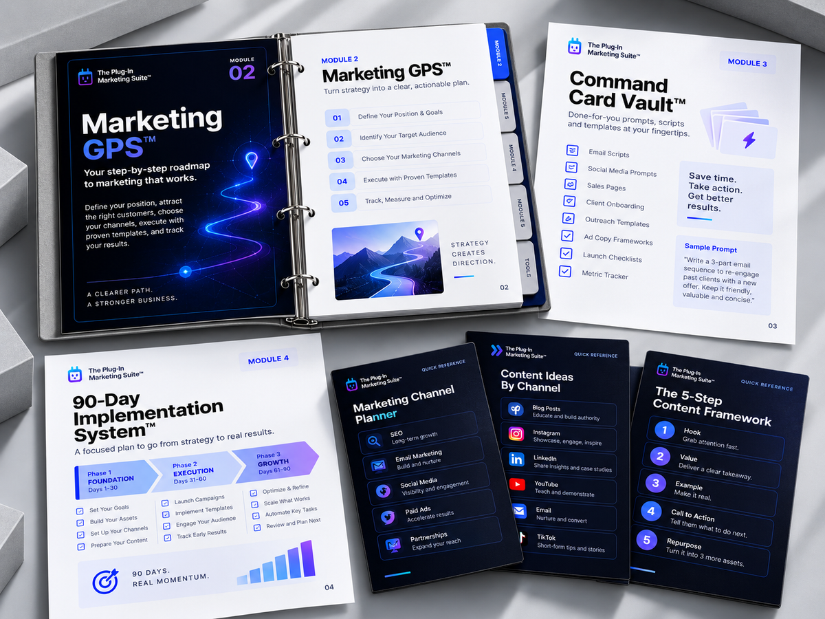 Inside product preview of The Plug-In Marketing Suite with Marketing GPS, Command Card Vault, 90-Day Implementation System, and reference cards